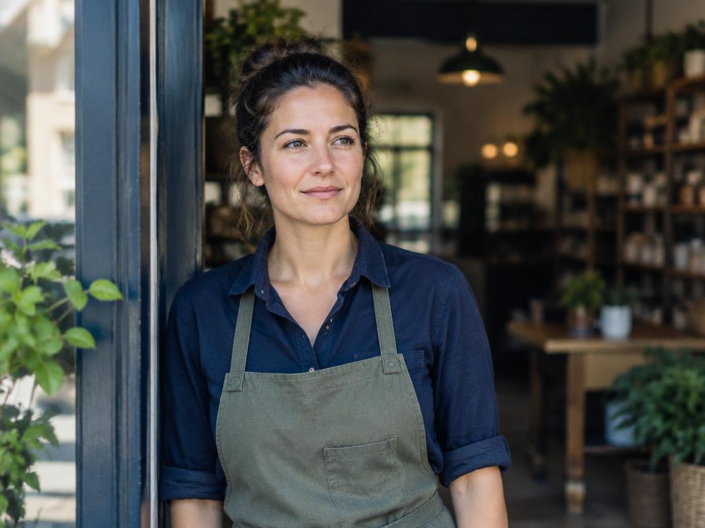 Small business owner standing in the doorway of her shop